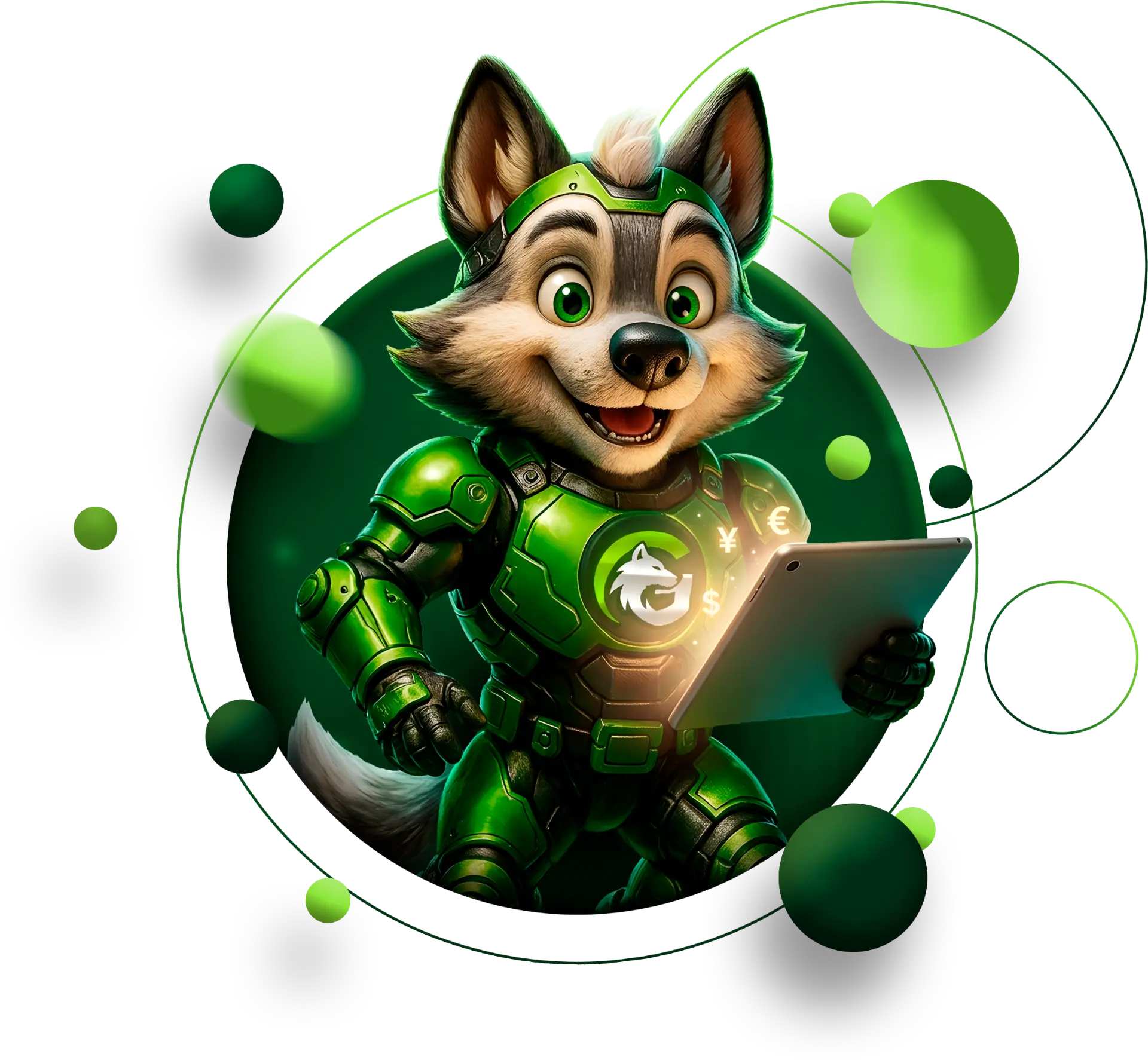 Mascote do GMIX FINANCE apresentando o sistema em um tablet