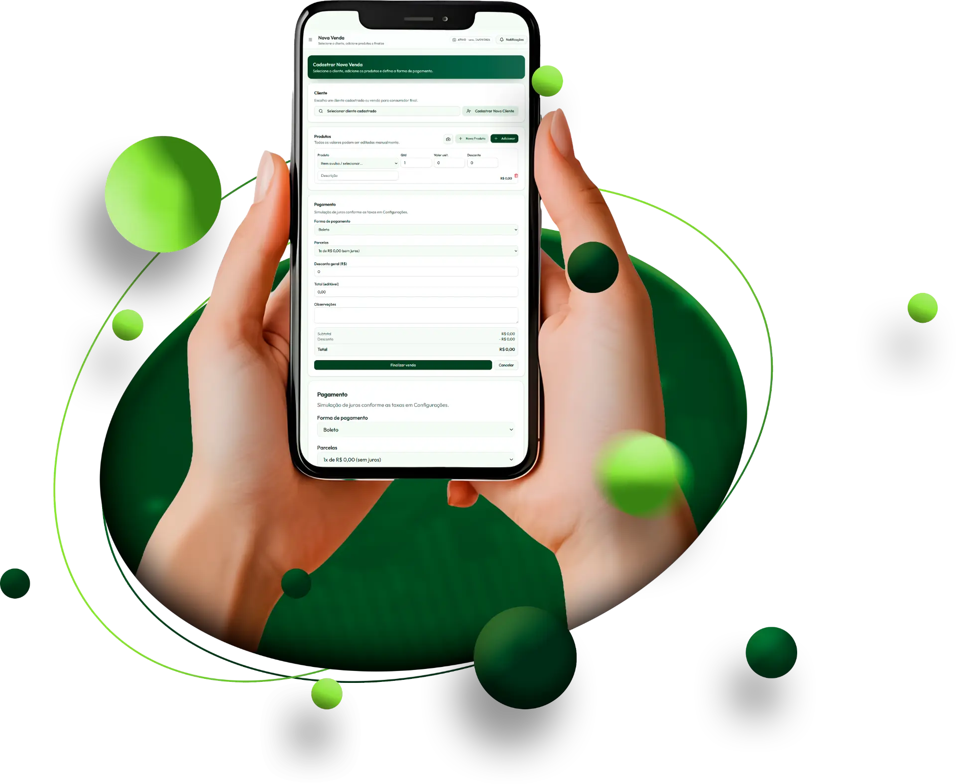 GMIX FINANCE aberto no celular na tela de nova venda