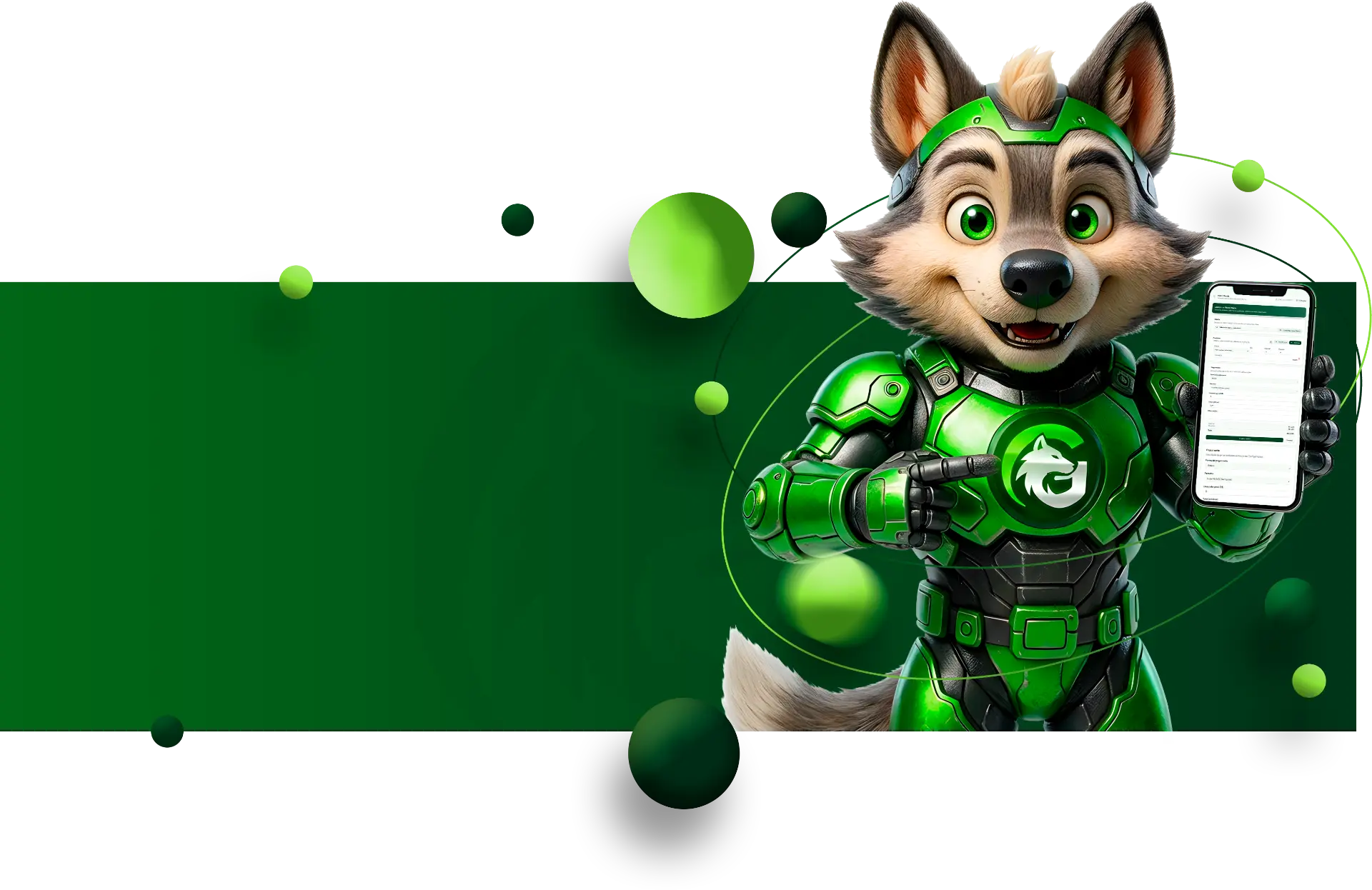 Mascote do GMIX FINANCE mostrando o app no celular